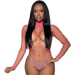 Fence Net Bodysuit with Long Sleeves - Hot Pink